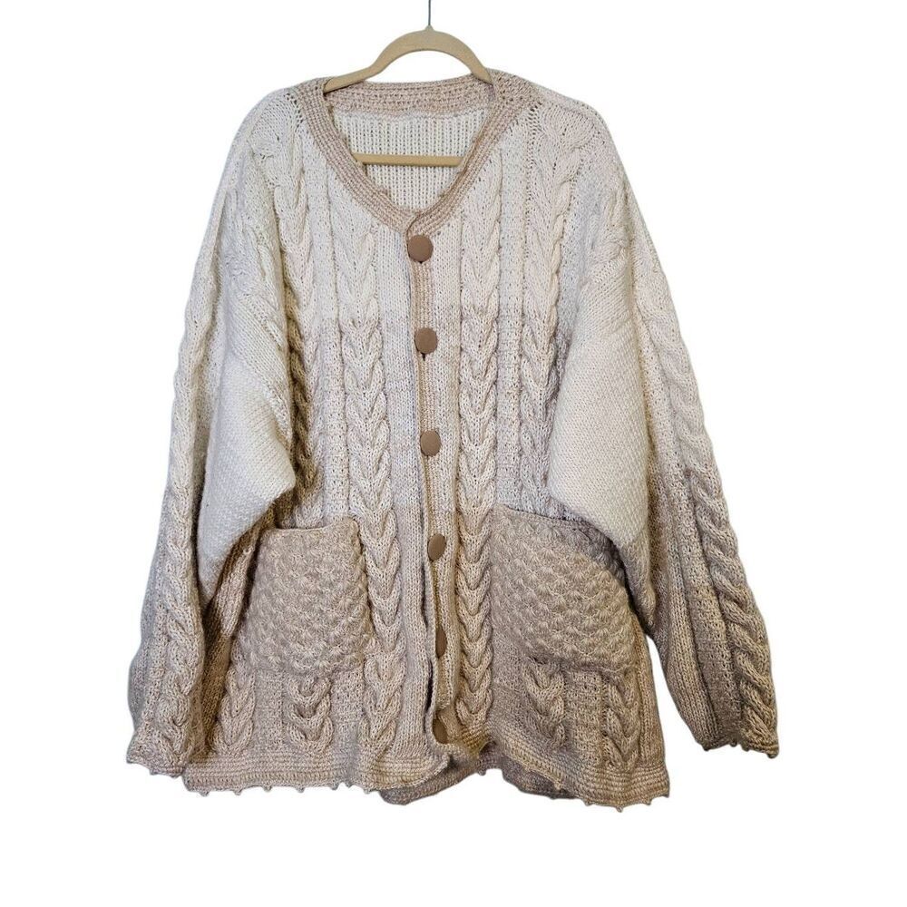 Hand knit cream/tan heavy button up cardigan. Size 3X.